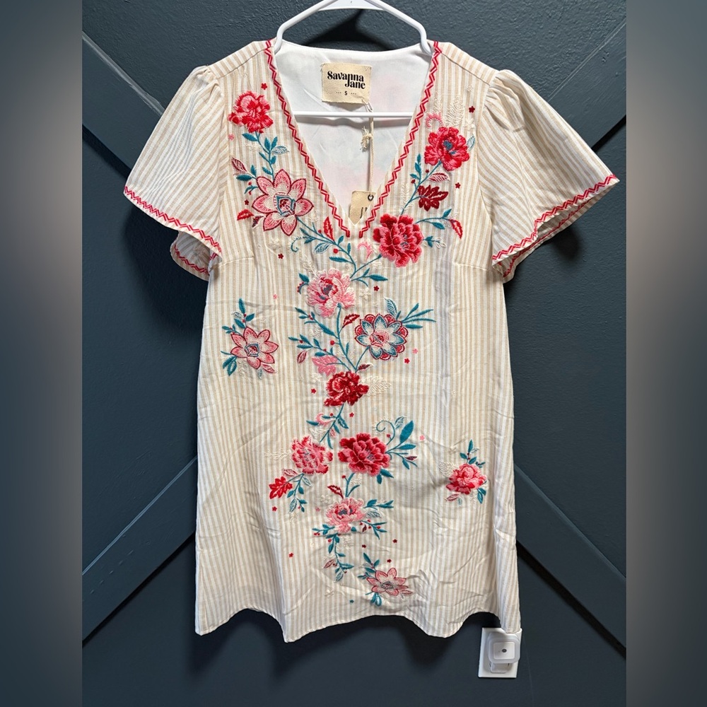 Beautiful Savanna Jane White and Tan Striped Floral Embroidered Dress